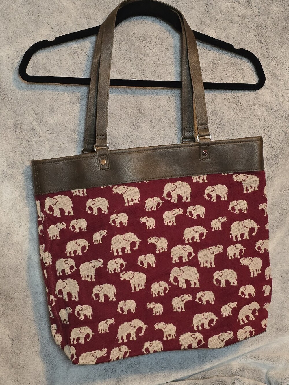 Elephant-Print Red Tote Bag with Brown Trim